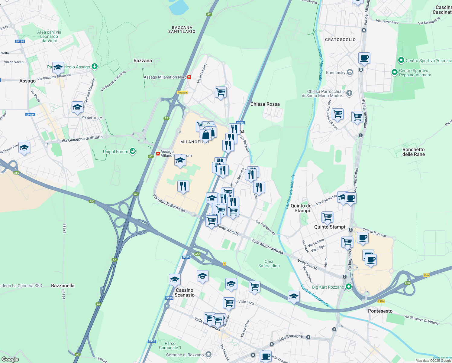 map of restaurants, bars, coffee shops, grocery stores, and more near 64 Via Monte Rosa in Rozzano