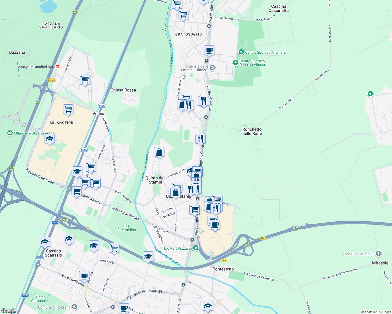 map of restaurants, bars, coffee shops, grocery stores, and more near 4D Via Franchi Maggi in Rozzano