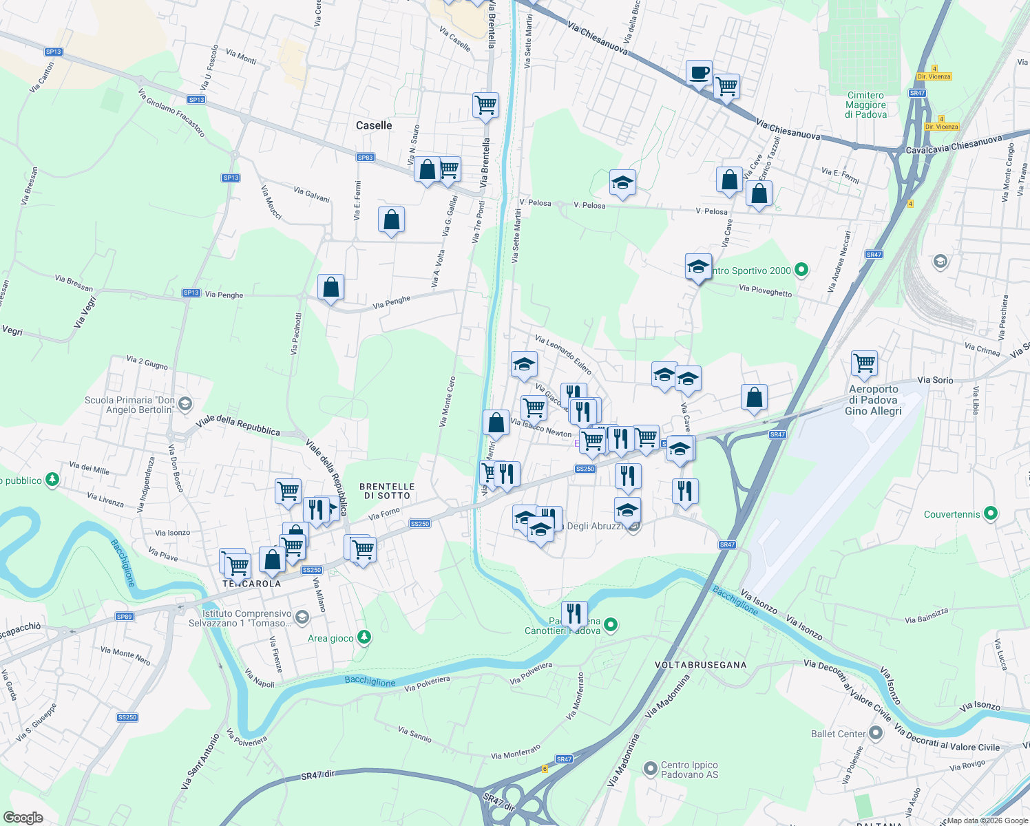 map of restaurants, bars, coffee shops, grocery stores, and more near Via Bonaventura Cavalieri in Padua