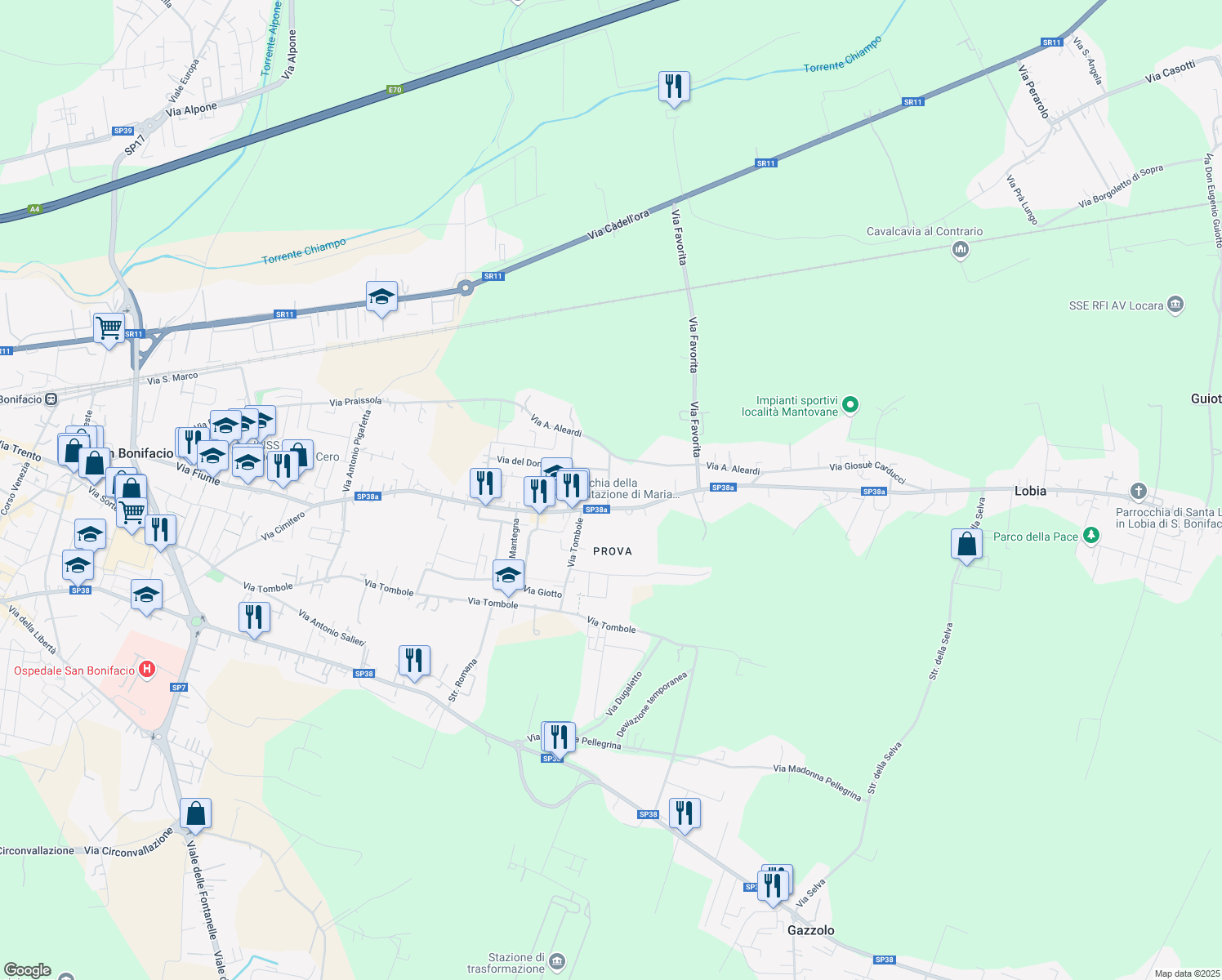 map of restaurants, bars, coffee shops, grocery stores, and more near 20 Via Caduti sul Lavoro in San Bonifacio