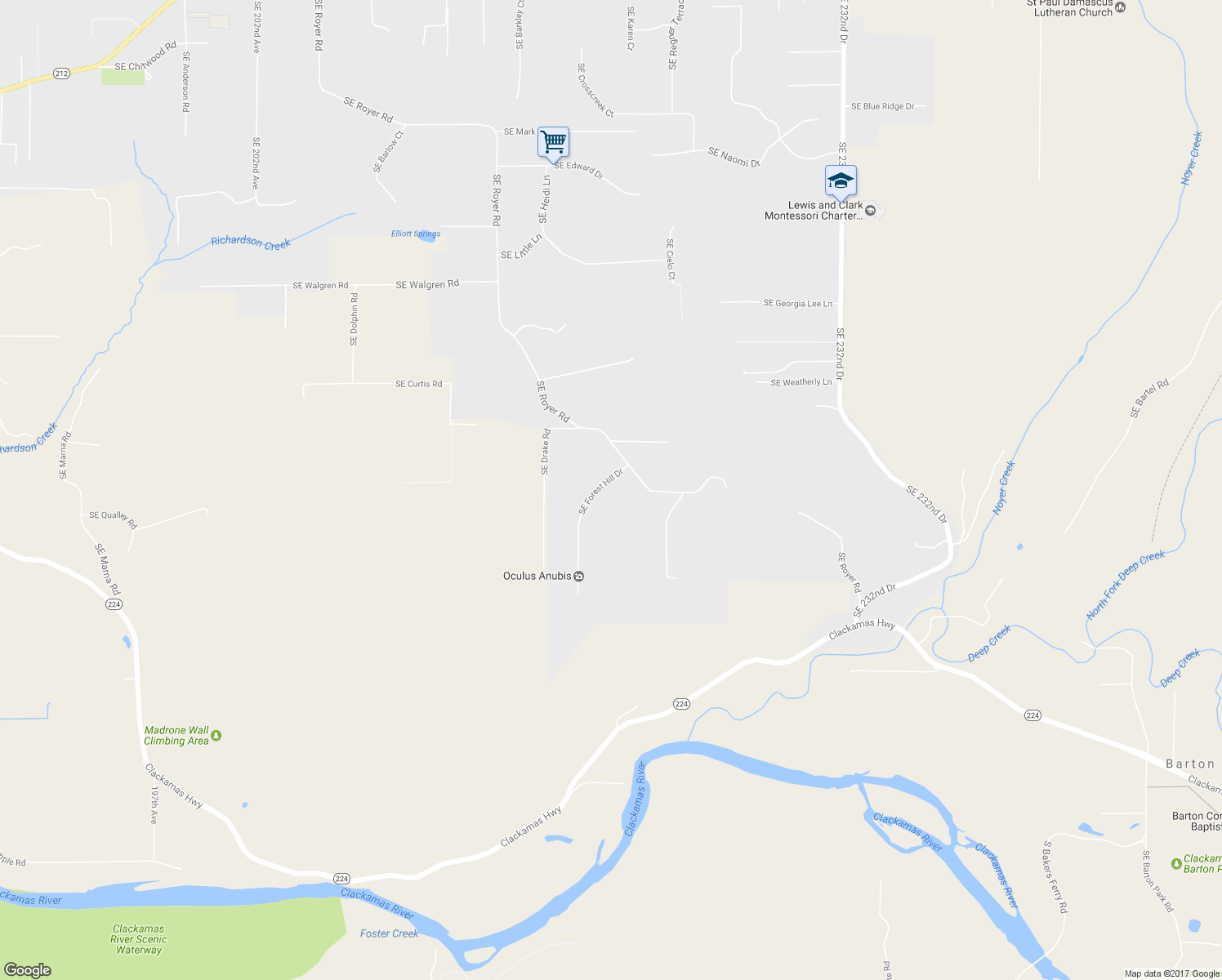 map of restaurants, bars, coffee shops, grocery stores, and more near 17000 Southeast Forest Hill Drive in Damascus