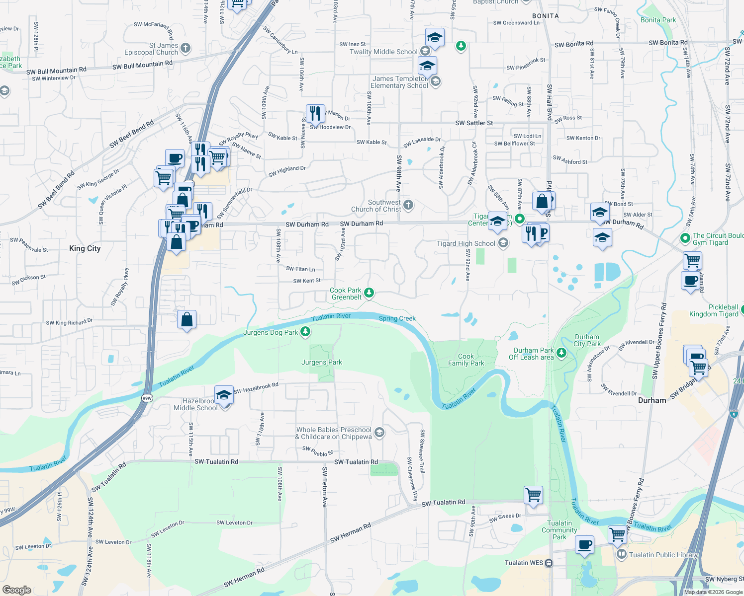 map of restaurants, bars, coffee shops, grocery stores, and more near 9980 Southwest Riverwood Lane in Tigard