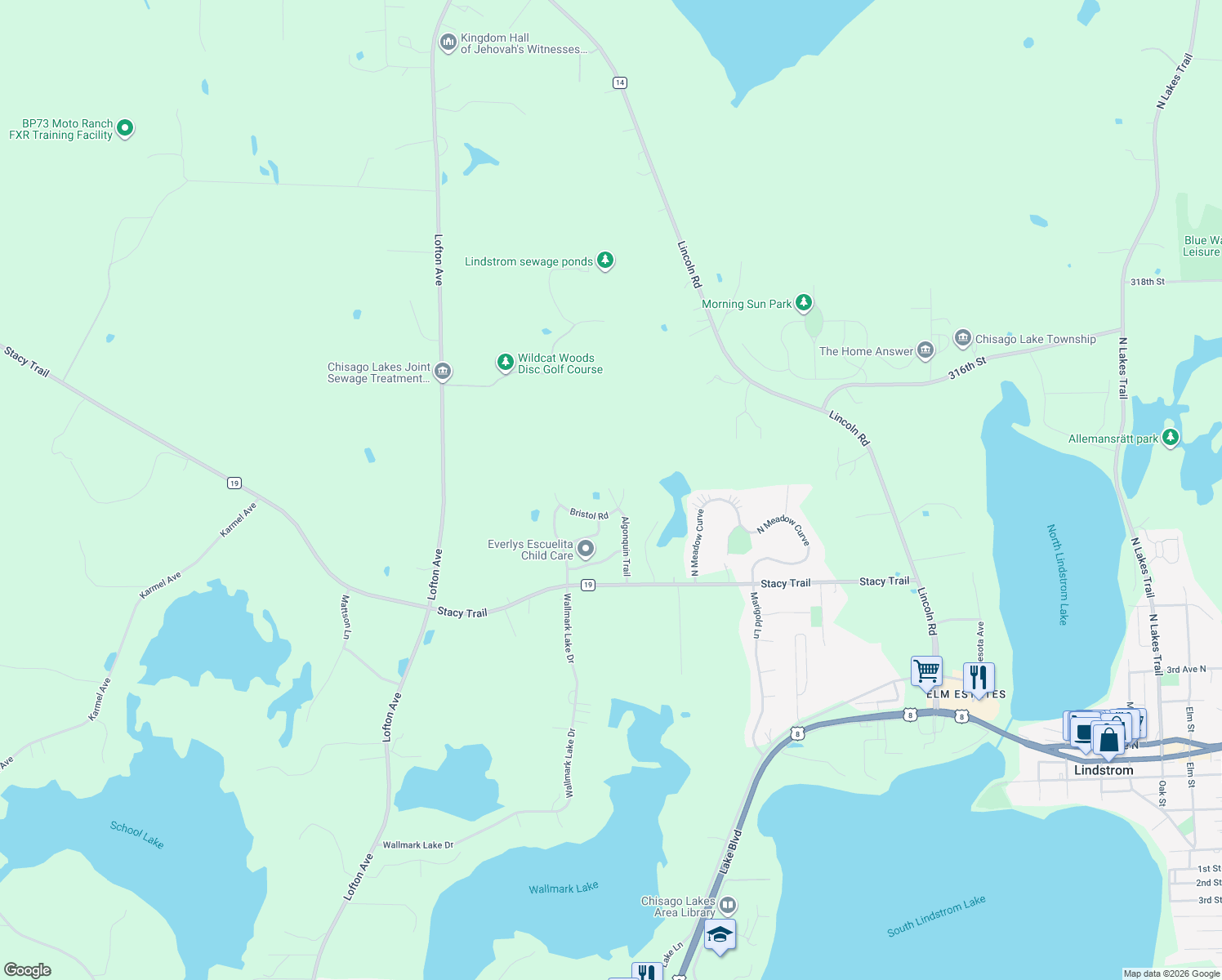 map of restaurants, bars, coffee shops, grocery stores, and more near 11576 Bristol Road in Chisago City