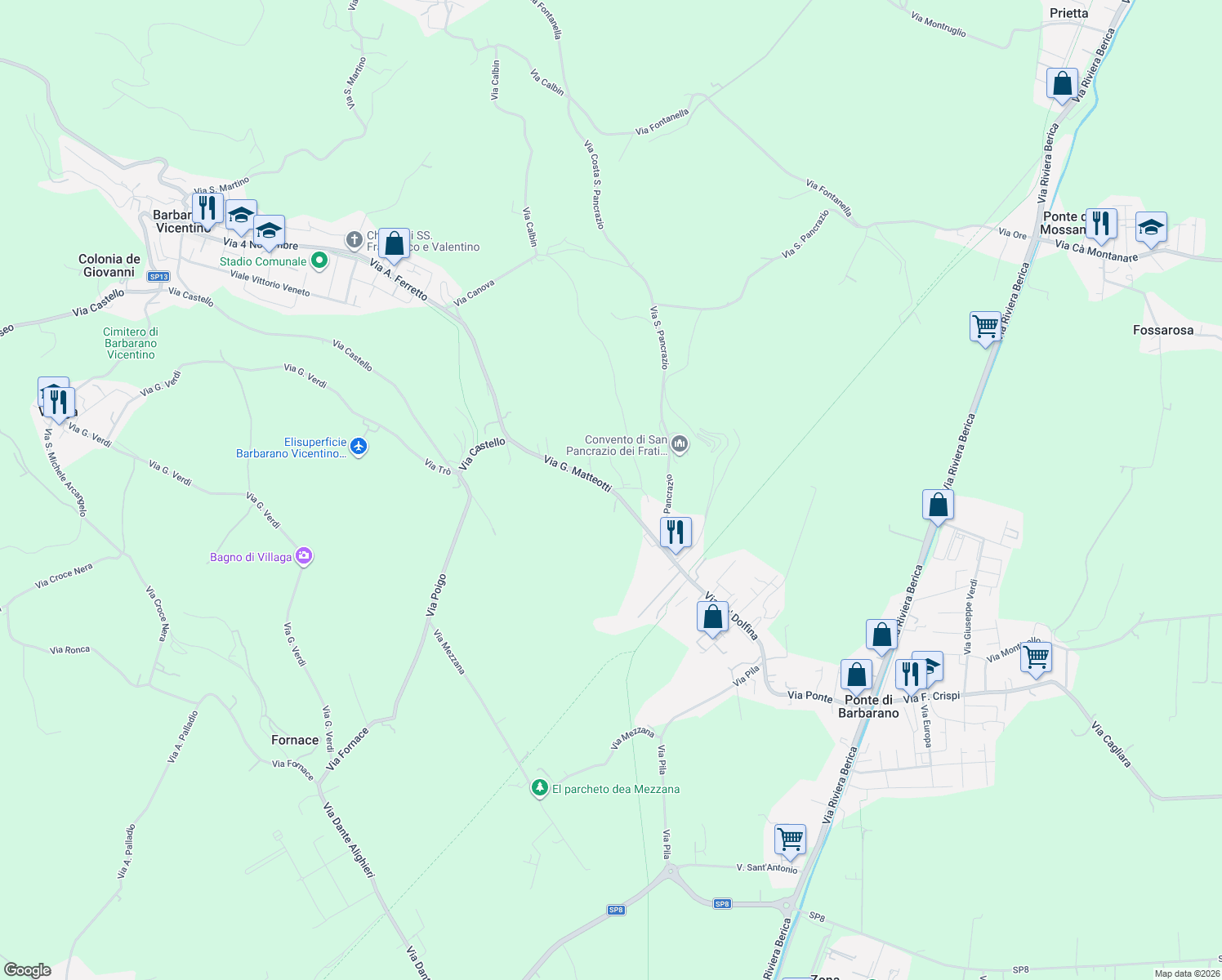 map of restaurants, bars, coffee shops, grocery stores, and more near 33 Via G. Matteotti in Barbarano Vicentino