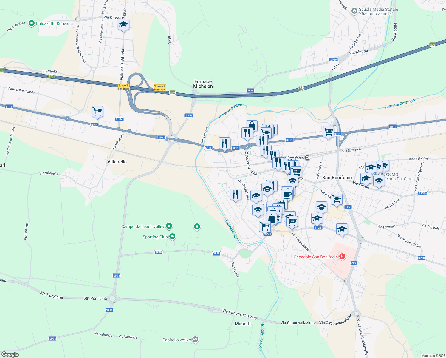 map of restaurants, bars, coffee shops, grocery stores, and more near 14 Via Martiri di Belfiore in San Bonifacio