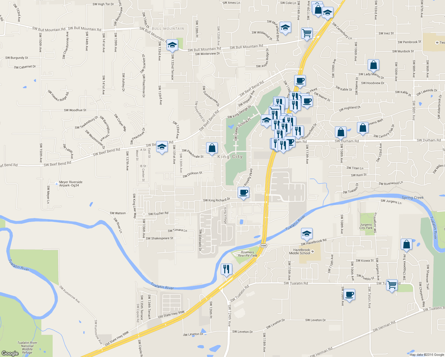 map of restaurants, bars, coffee shops, grocery stores, and more near 16520 Southwest King Charles Avenue in King City