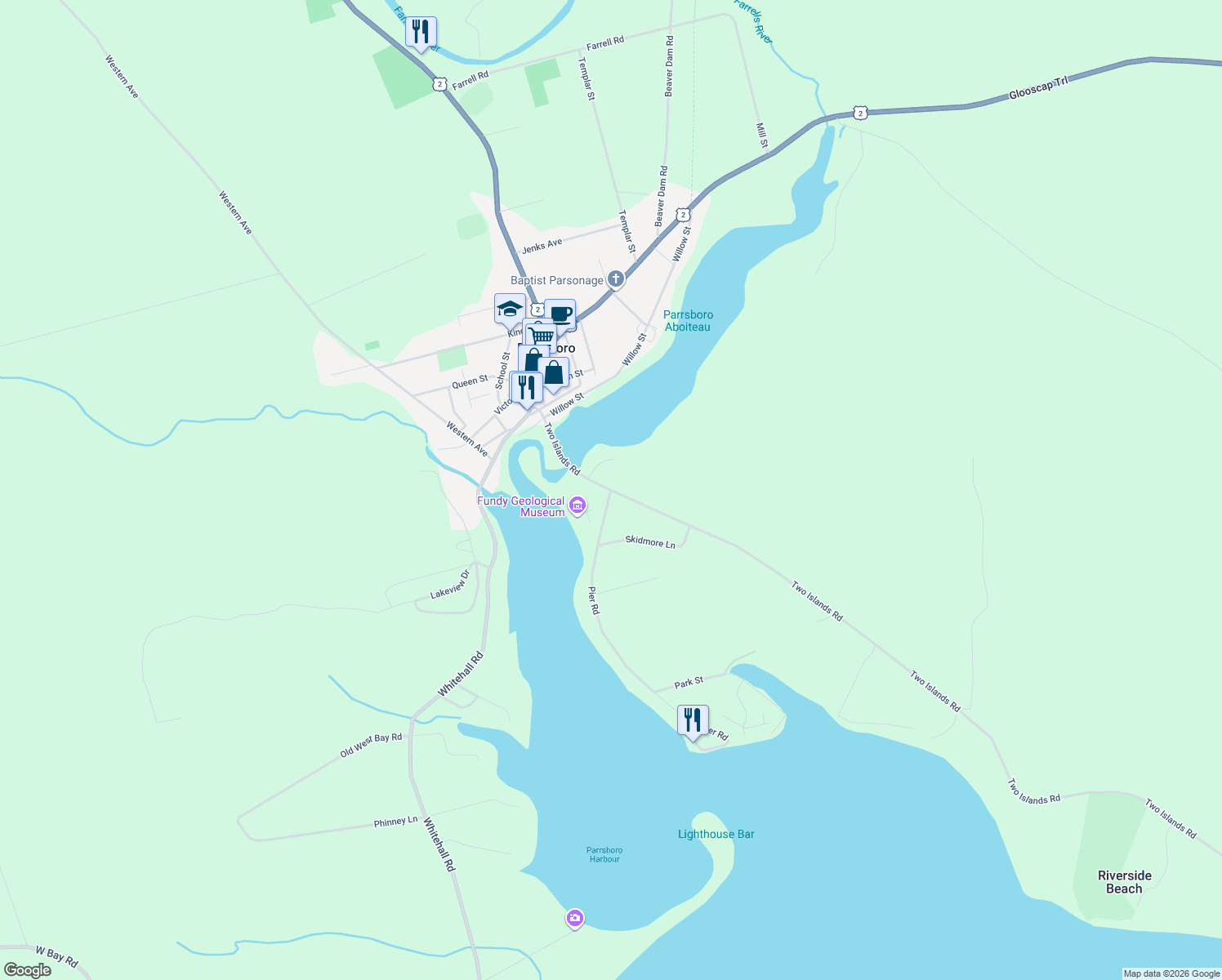 map of restaurants, bars, coffee shops, grocery stores, and more near 178 Two Islands Rd in Parrsboro