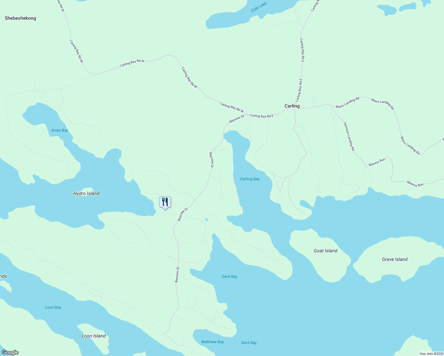 map of restaurants, bars, coffee shops, grocery stores, and more near 22 Bayview Drive in Parry Sound District