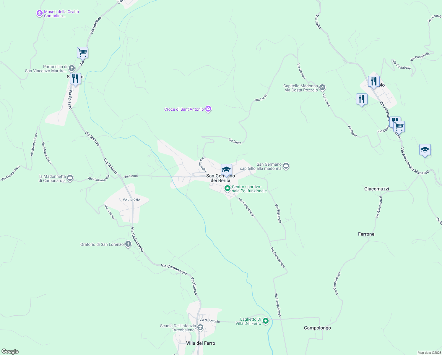 map of restaurants, bars, coffee shops, grocery stores, and more near 17 Via Roma in Vicenza
