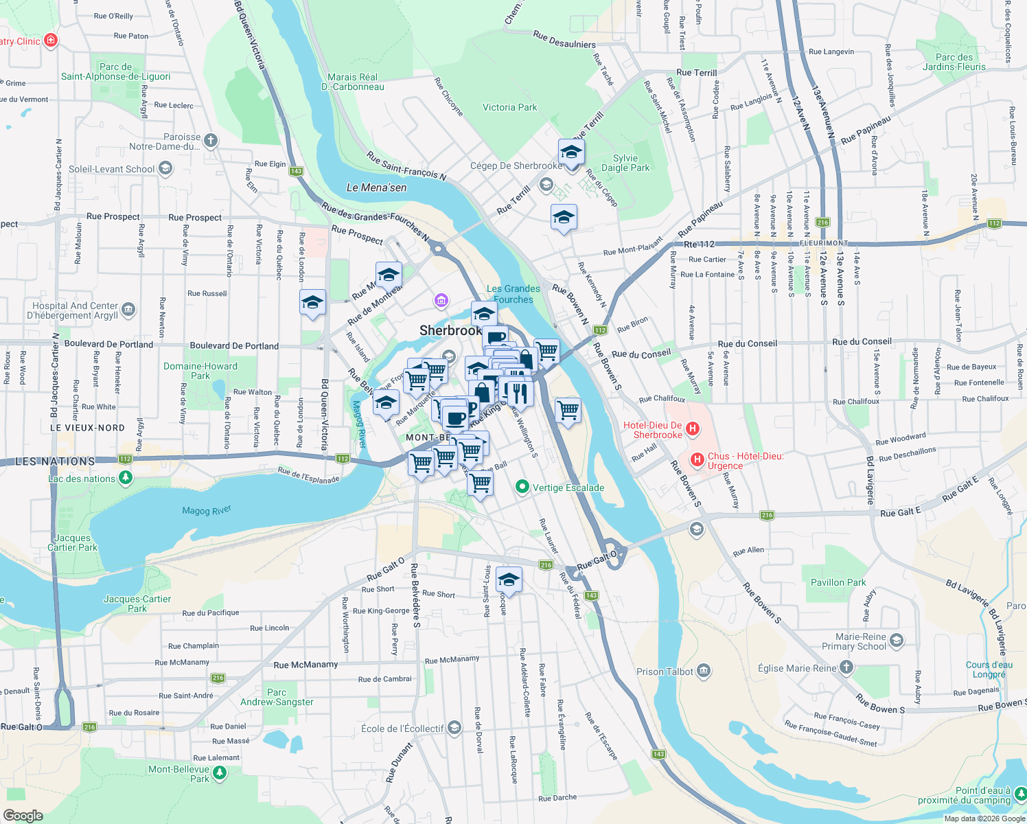 map of restaurants, bars, coffee shops, grocery stores, and more near 35 Rue Wellington Sud in Sherbrooke