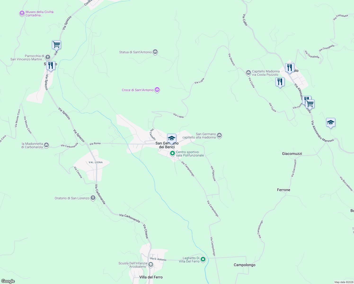 map of restaurants, bars, coffee shops, grocery stores, and more near 1 Strada Vecchia in San Germano dei Berici