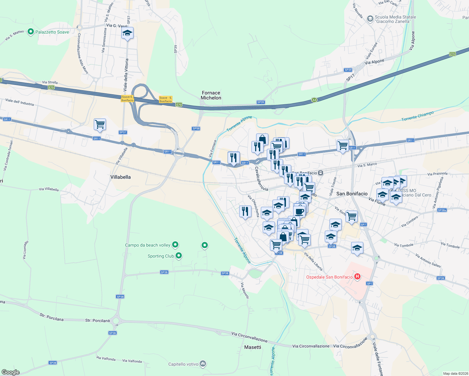 map of restaurants, bars, coffee shops, grocery stores, and more near 14 Via Martiri di Belfiore in San Bonifacio