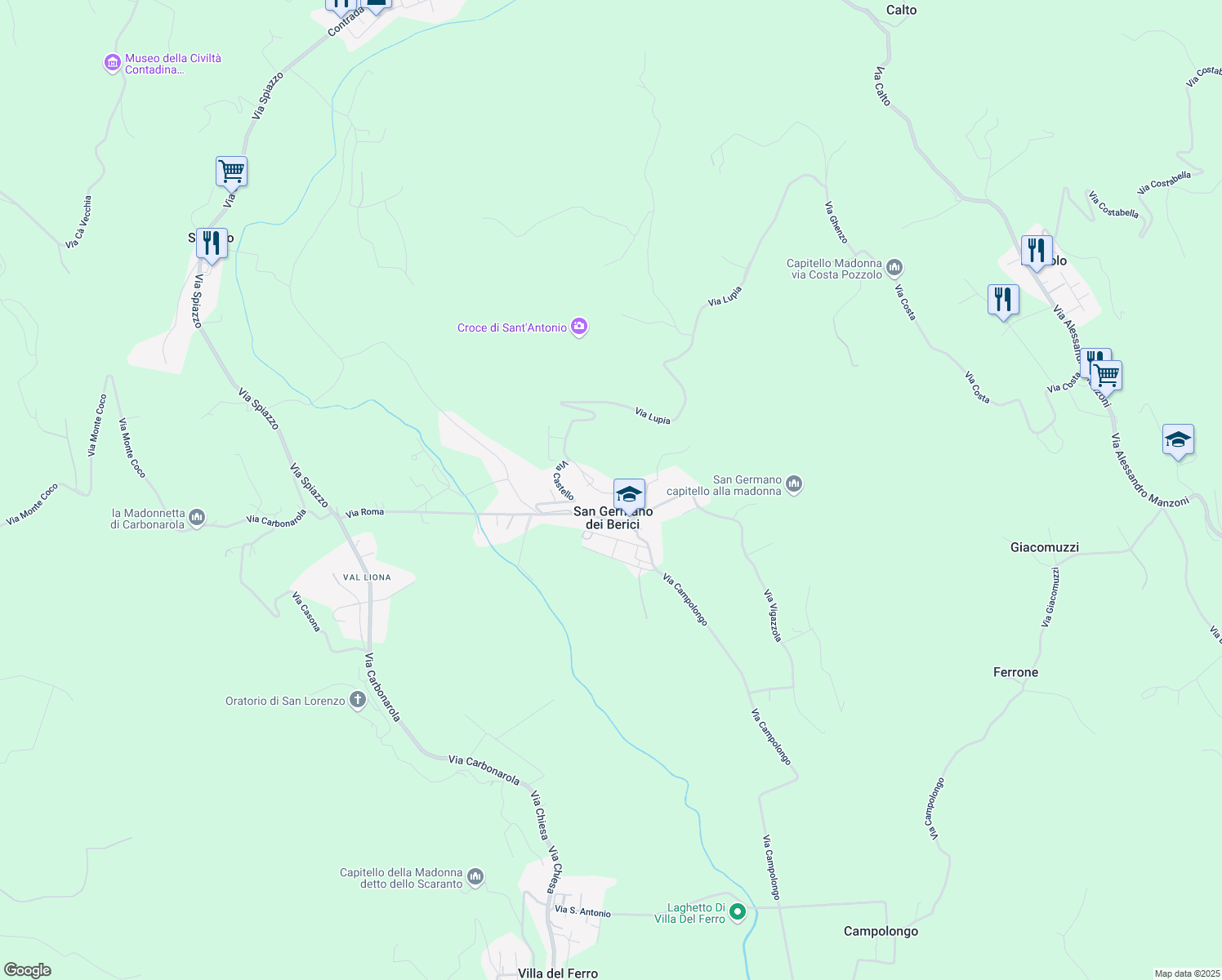 map of restaurants, bars, coffee shops, grocery stores, and more near 17 Via Castello in San Germano dei Berici