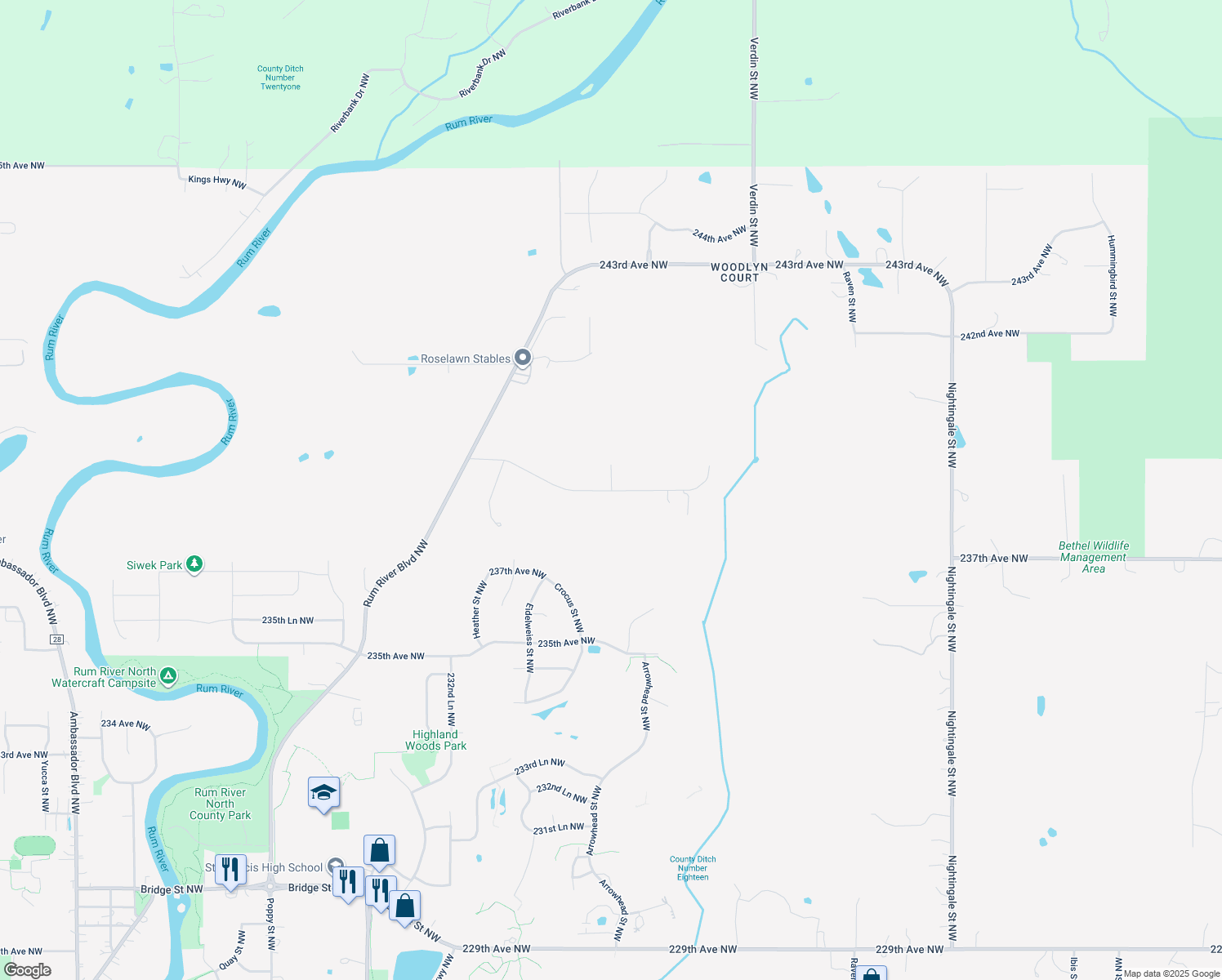 map of restaurants, bars, coffee shops, grocery stores, and more near 23188 Dahlia Street Northwest in Saint Francis