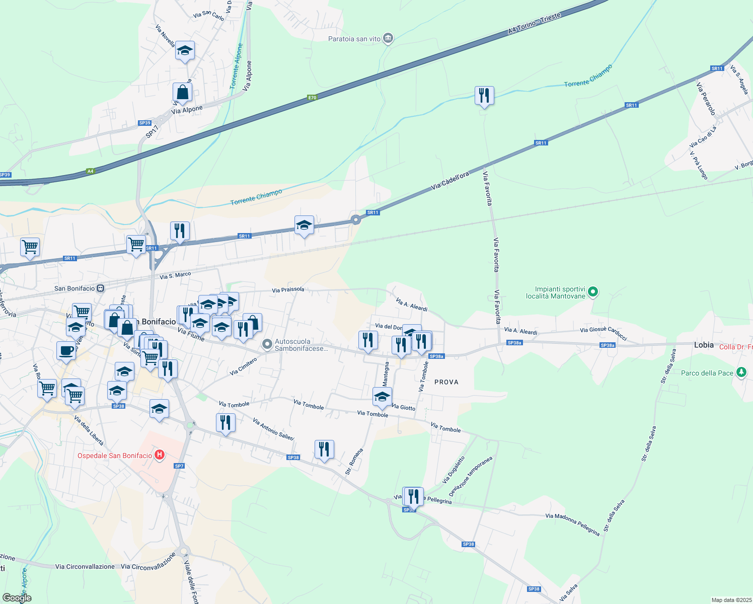 map of restaurants, bars, coffee shops, grocery stores, and more near 75/B Via Praissola in San Bonifacio