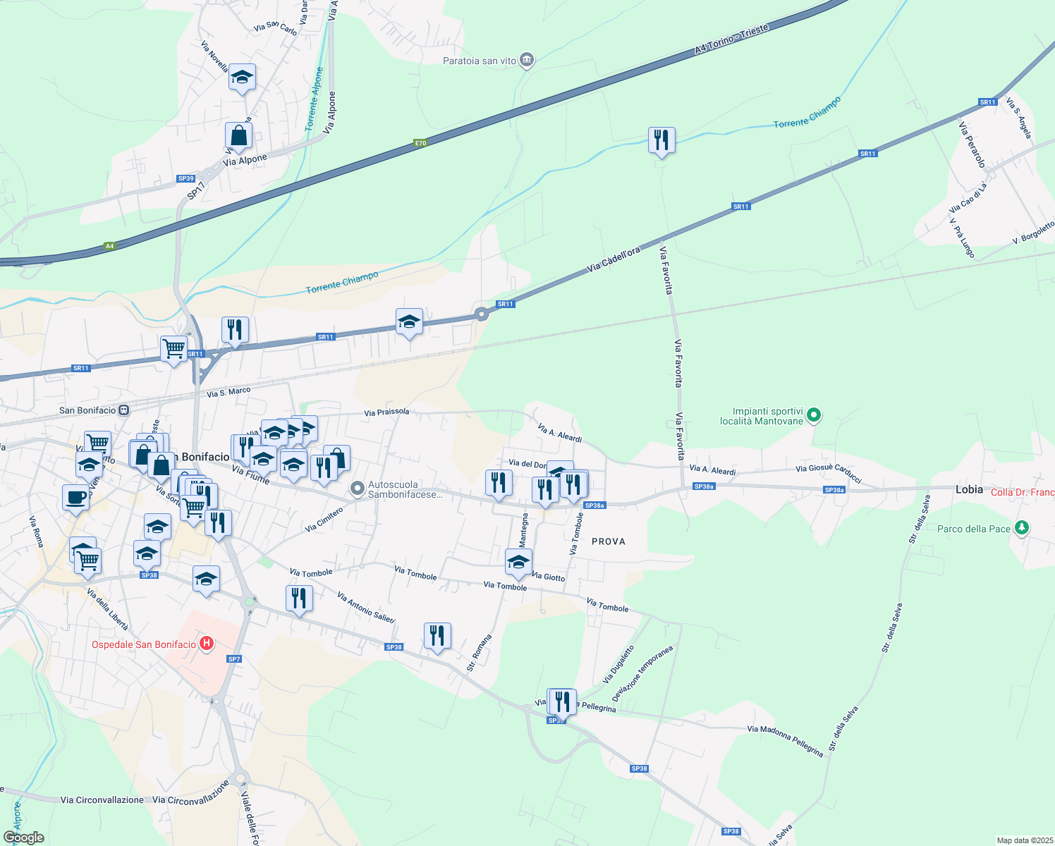 map of restaurants, bars, coffee shops, grocery stores, and more near 75/B Via Praissola in San Bonifacio