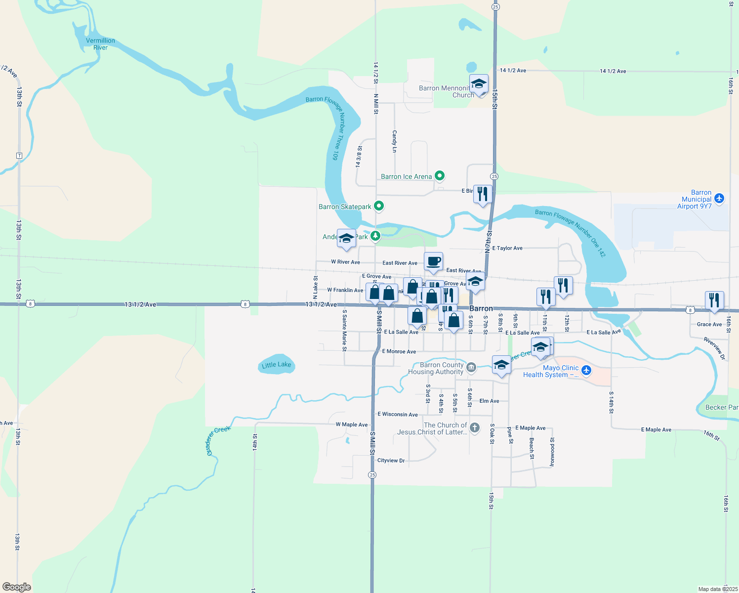 map of restaurants, bars, coffee shops, grocery stores, and more near 27 N Mill St in Barron