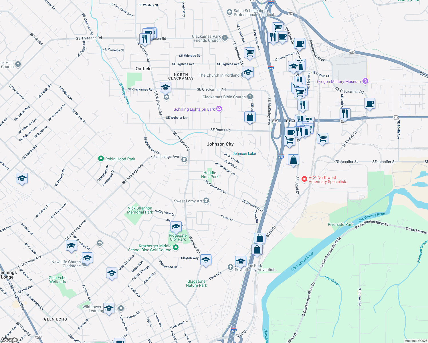 map of restaurants, bars, coffee shops, grocery stores, and more near 8021 Southeast Towhee Court in Milwaukie