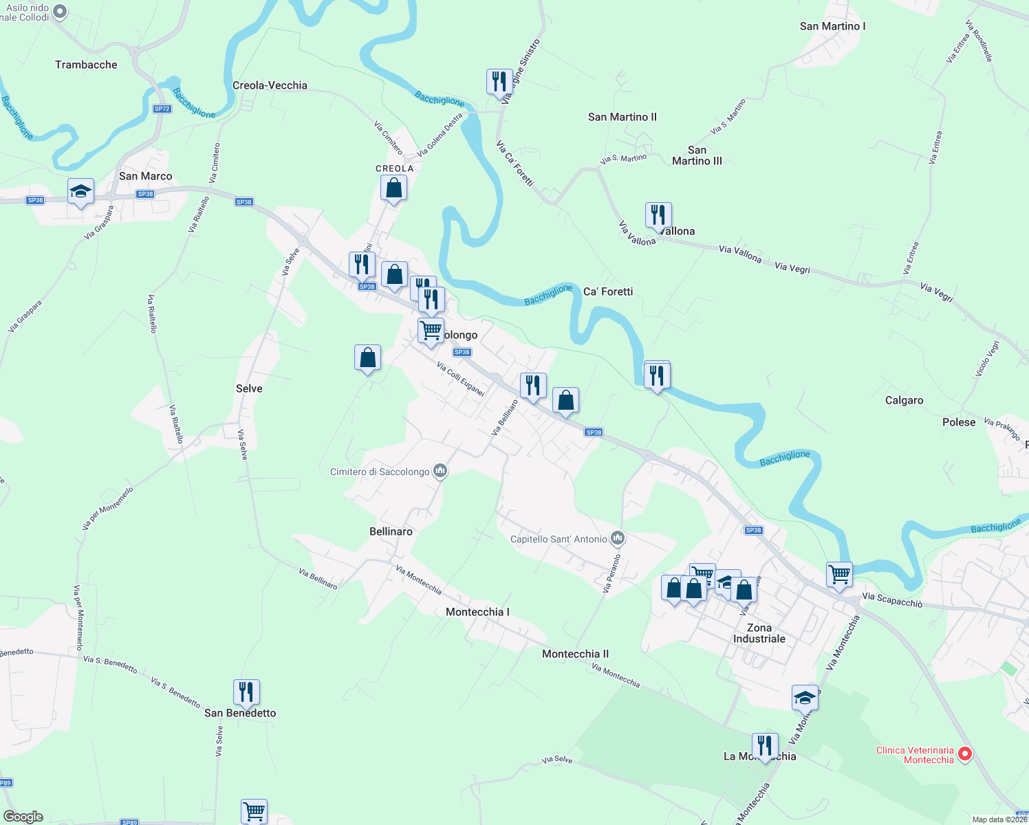 map of restaurants, bars, coffee shops, grocery stores, and more near 5 Via Bellinaro in Saccolongo