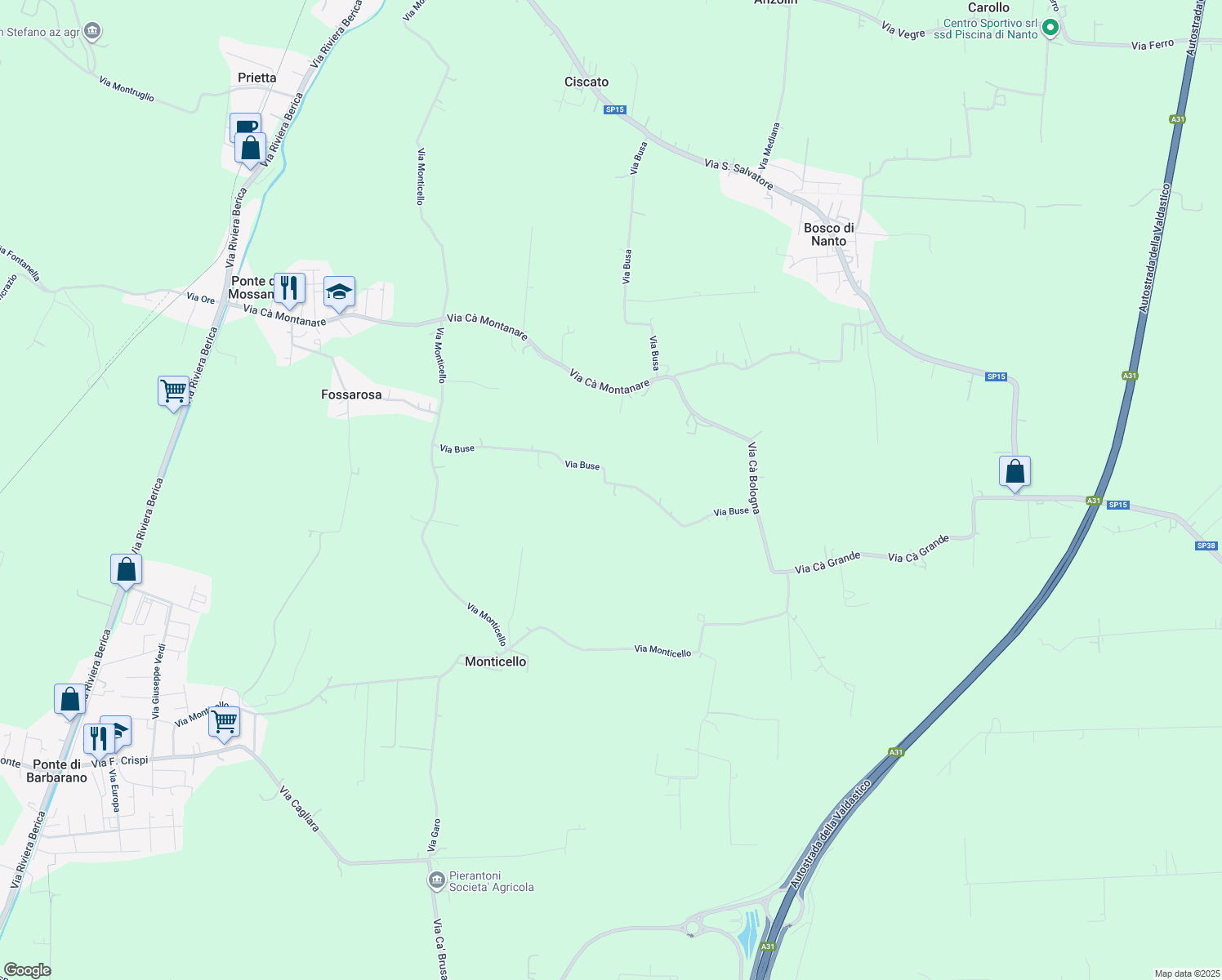 map of restaurants, bars, coffee shops, grocery stores, and more near 22 Via Buse in Mossano