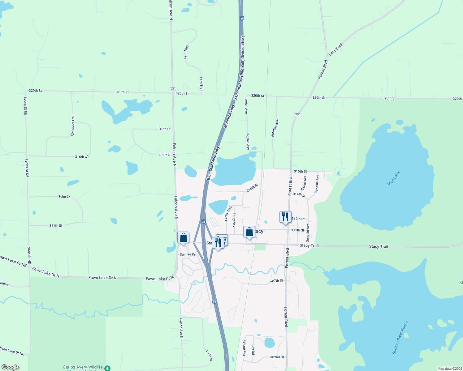 map of restaurants, bars, coffee shops, grocery stores, and more near 5690 314th Street in Stacy