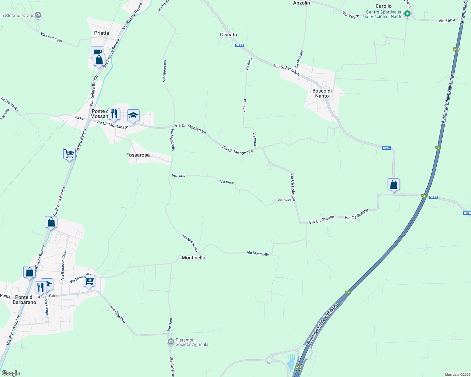 map of restaurants, bars, coffee shops, grocery stores, and more near 22 Via Buse in Mossano