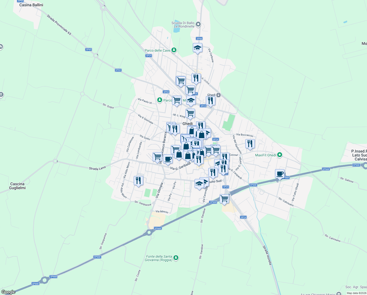 map of restaurants, bars, coffee shops, grocery stores, and more near 5 Via Gorizia in Ghedi