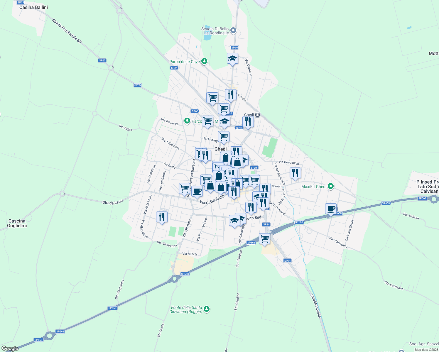 map of restaurants, bars, coffee shops, grocery stores, and more near 5 Via Gorizia in Ghedi