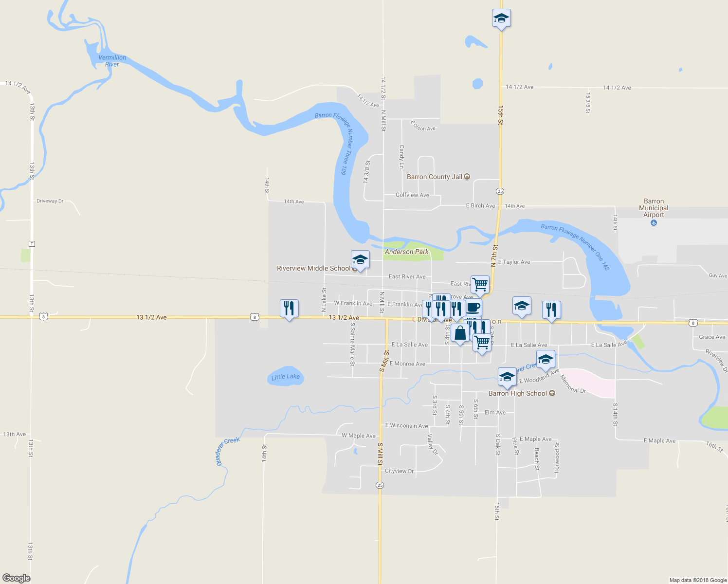 map of restaurants, bars, coffee shops, grocery stores, and more near 135 North Park Street in Barron