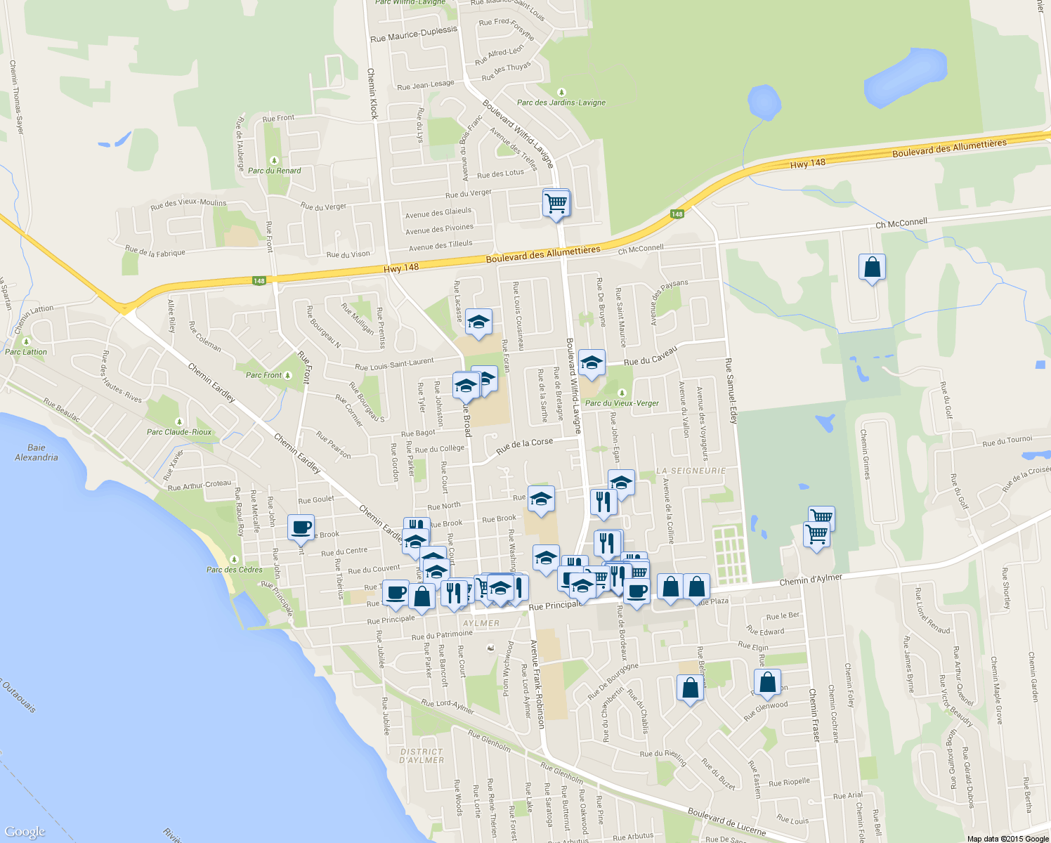 map of restaurants, bars, coffee shops, grocery stores, and more near 21 Croissant de la Paix in Gatineau