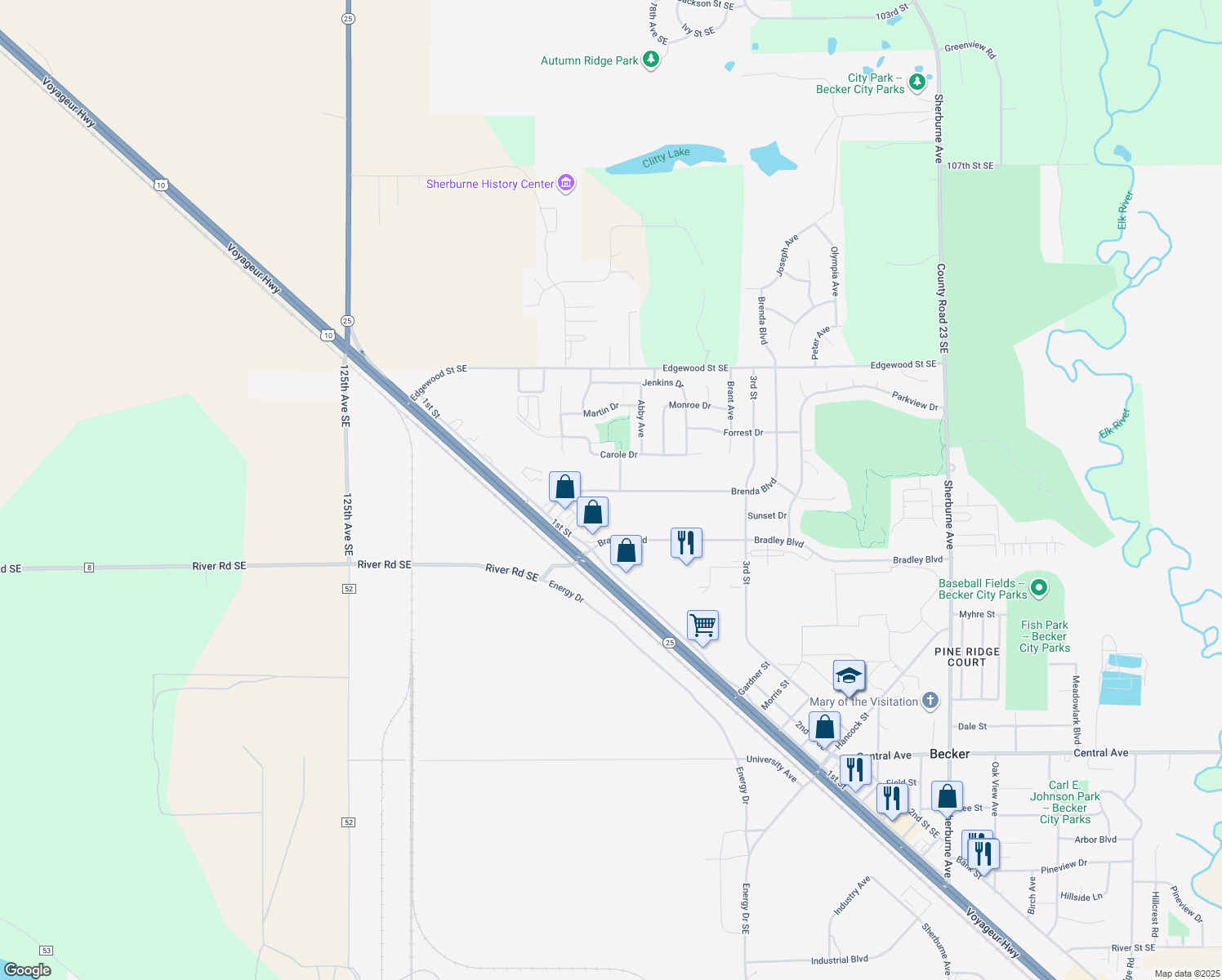 map of restaurants, bars, coffee shops, grocery stores, and more near 13100 Brenda Boulevard in Becker