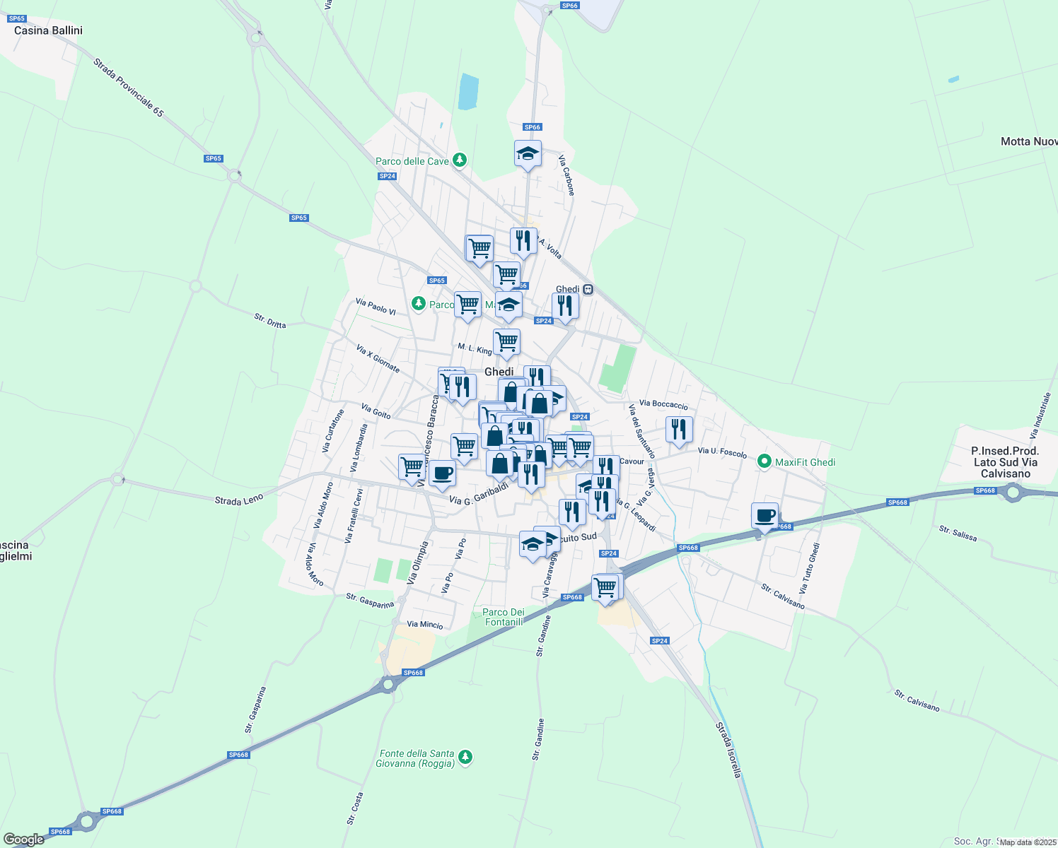 map of restaurants, bars, coffee shops, grocery stores, and more near 21 Via Repubblica in Ghedi