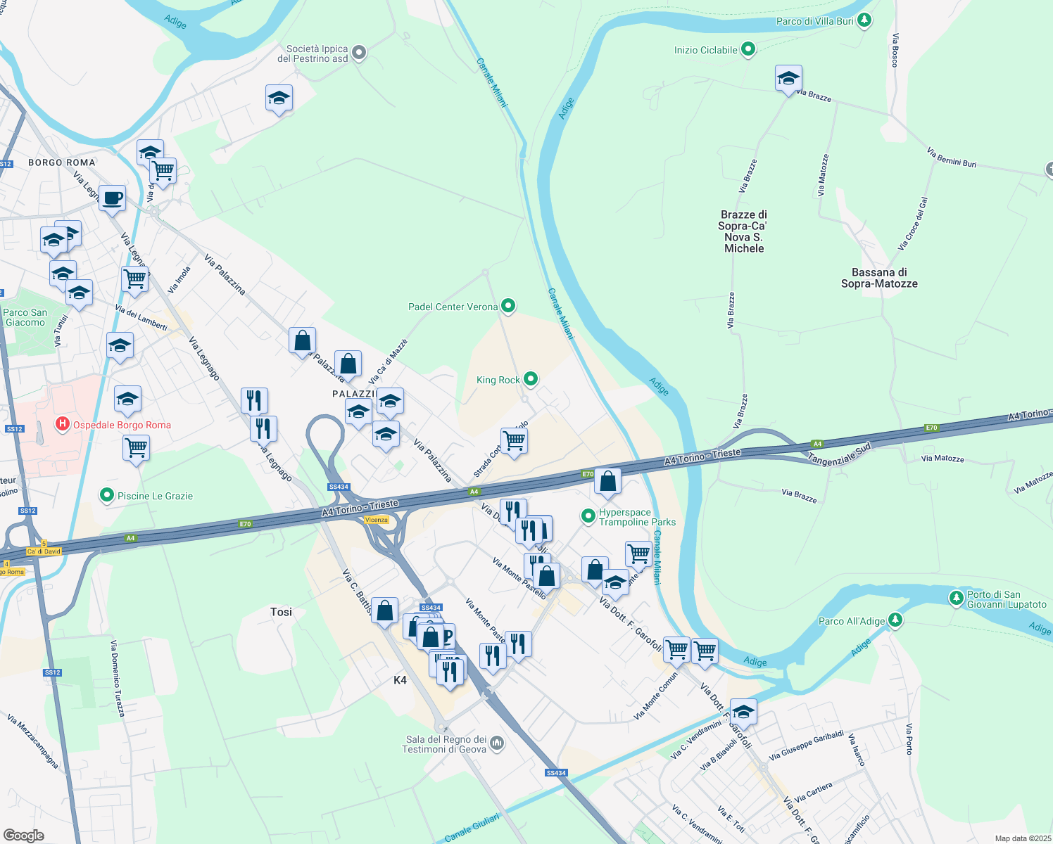 map of restaurants, bars, coffee shops, grocery stores, and more near Strada Corte Garofolo in Verona