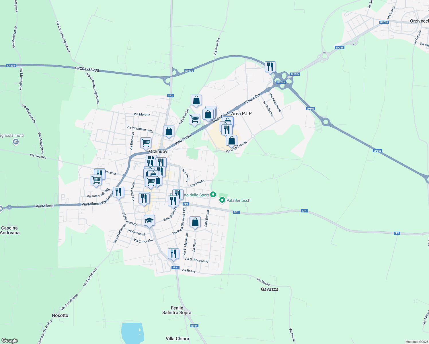 map of restaurants, bars, coffee shops, grocery stores, and more near 18 Via Filippo Brunelleschi in Orzinuovi