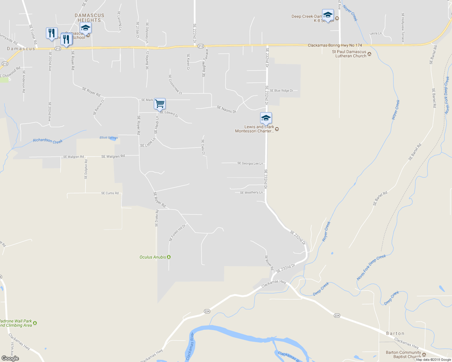 map of restaurants, bars, coffee shops, grocery stores, and more near 16315 Southeast 232nd Drive in Damascus