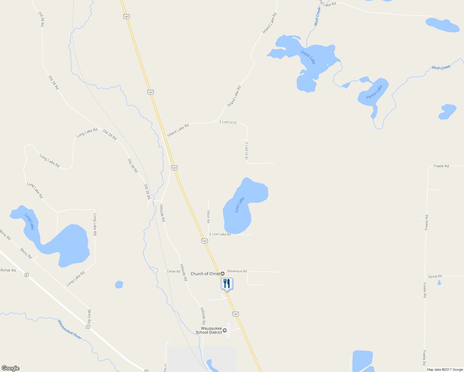 map of restaurants, bars, coffee shops, grocery stores, and more near N12272 Olson Road in Wausaukee