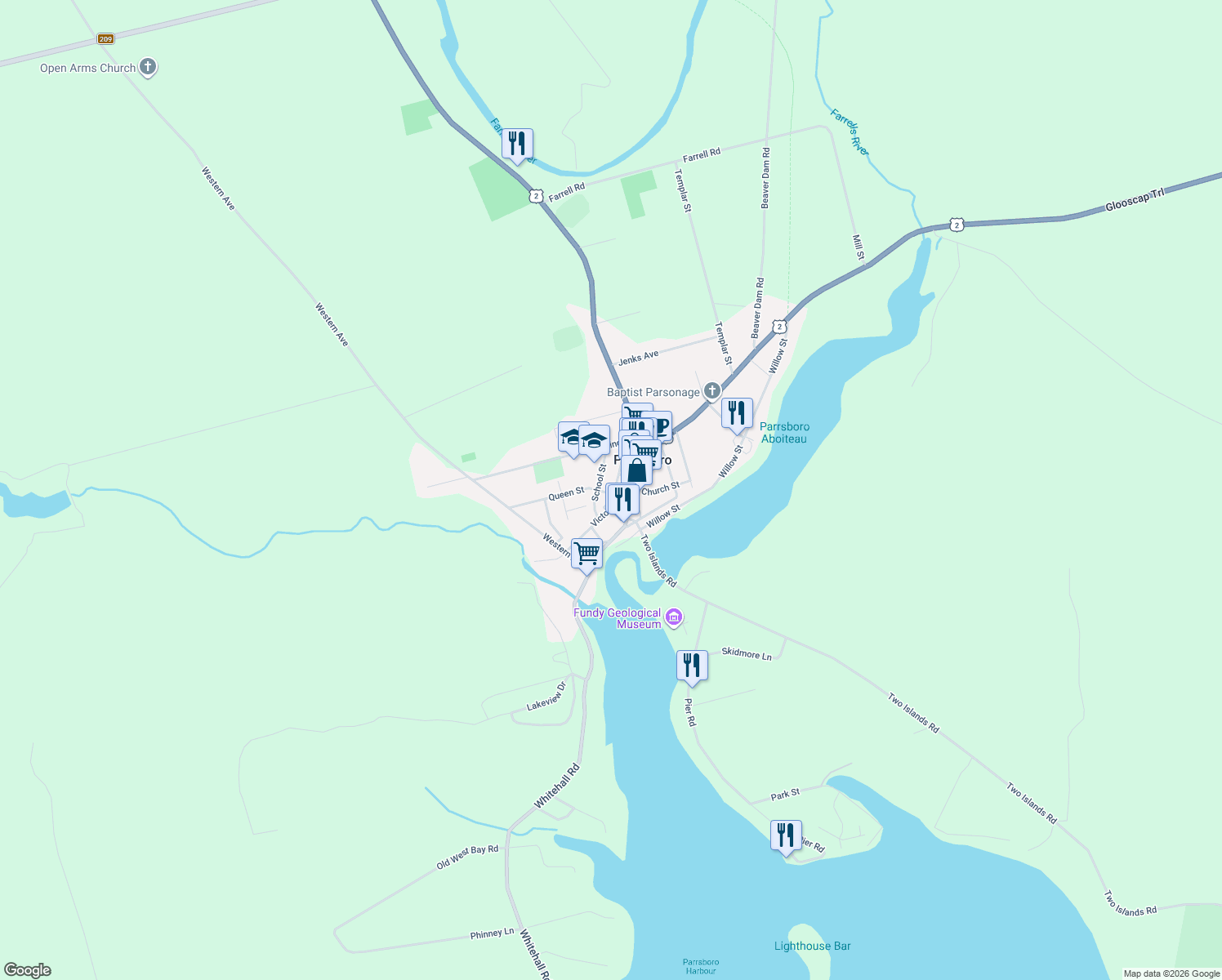 map of restaurants, bars, coffee shops, grocery stores, and more near 171 Queen Street in Parrsboro