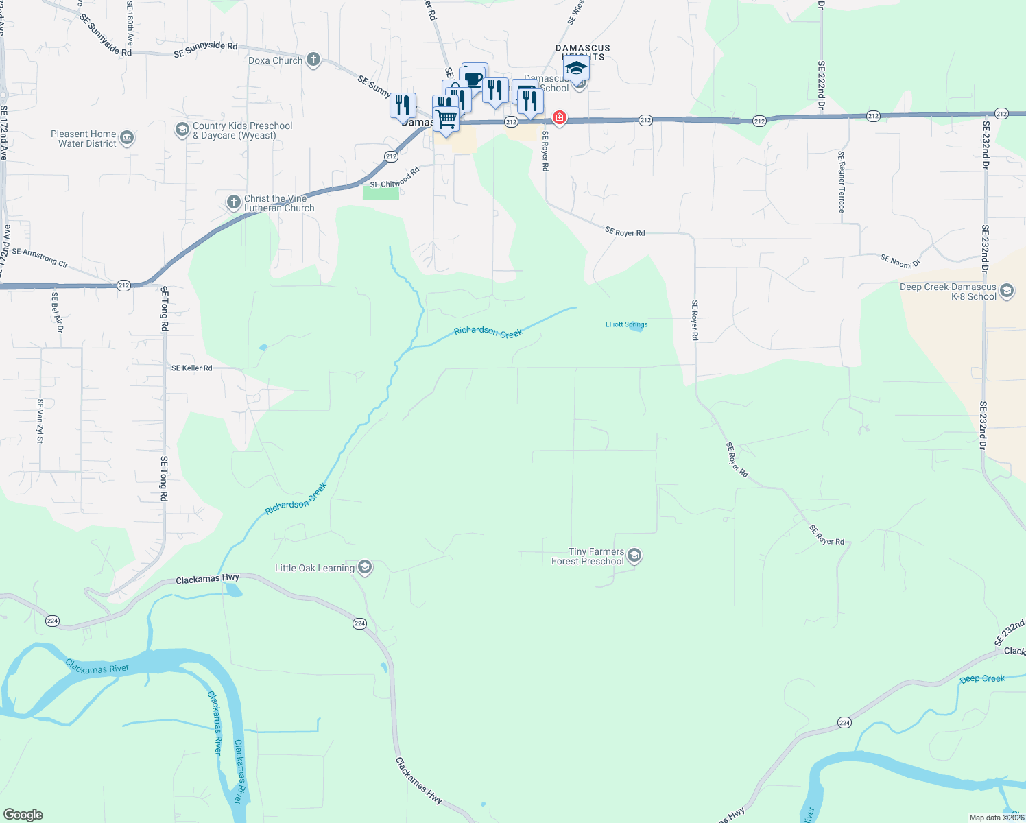 map of restaurants, bars, coffee shops, grocery stores, and more near 20320 Southeast Walgren Road in Damascus