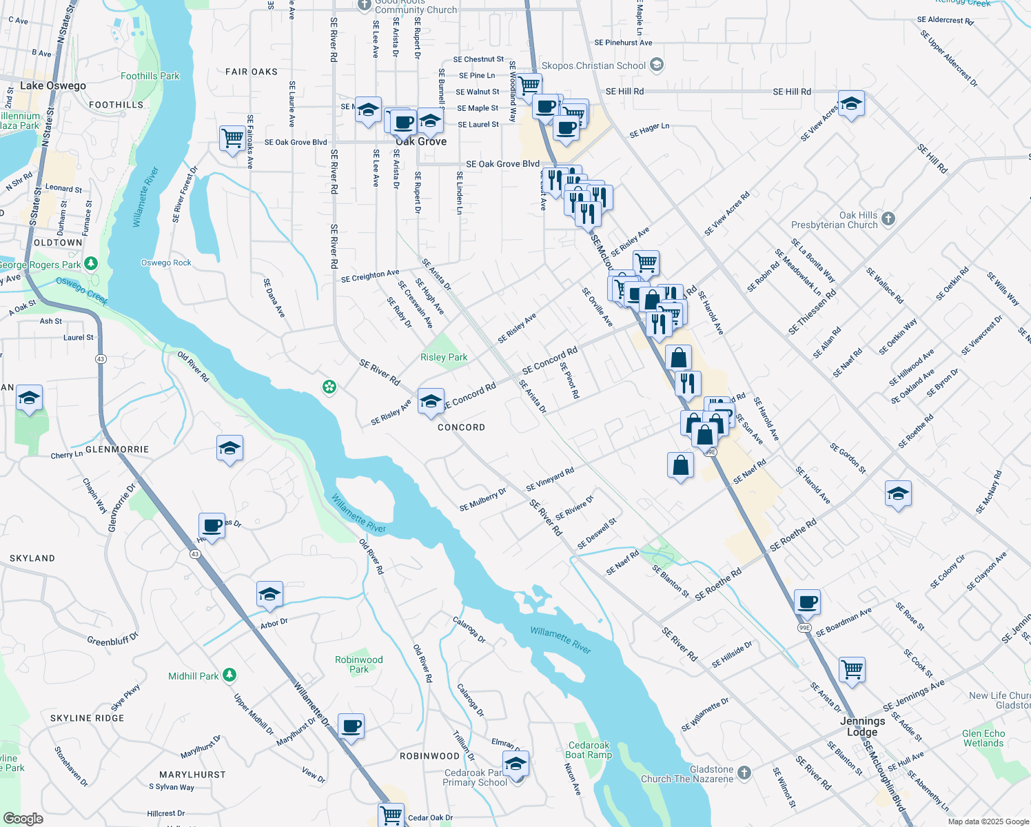 map of restaurants, bars, coffee shops, grocery stores, and more near 16405 Southeast Sterling Circle in Milwaukie