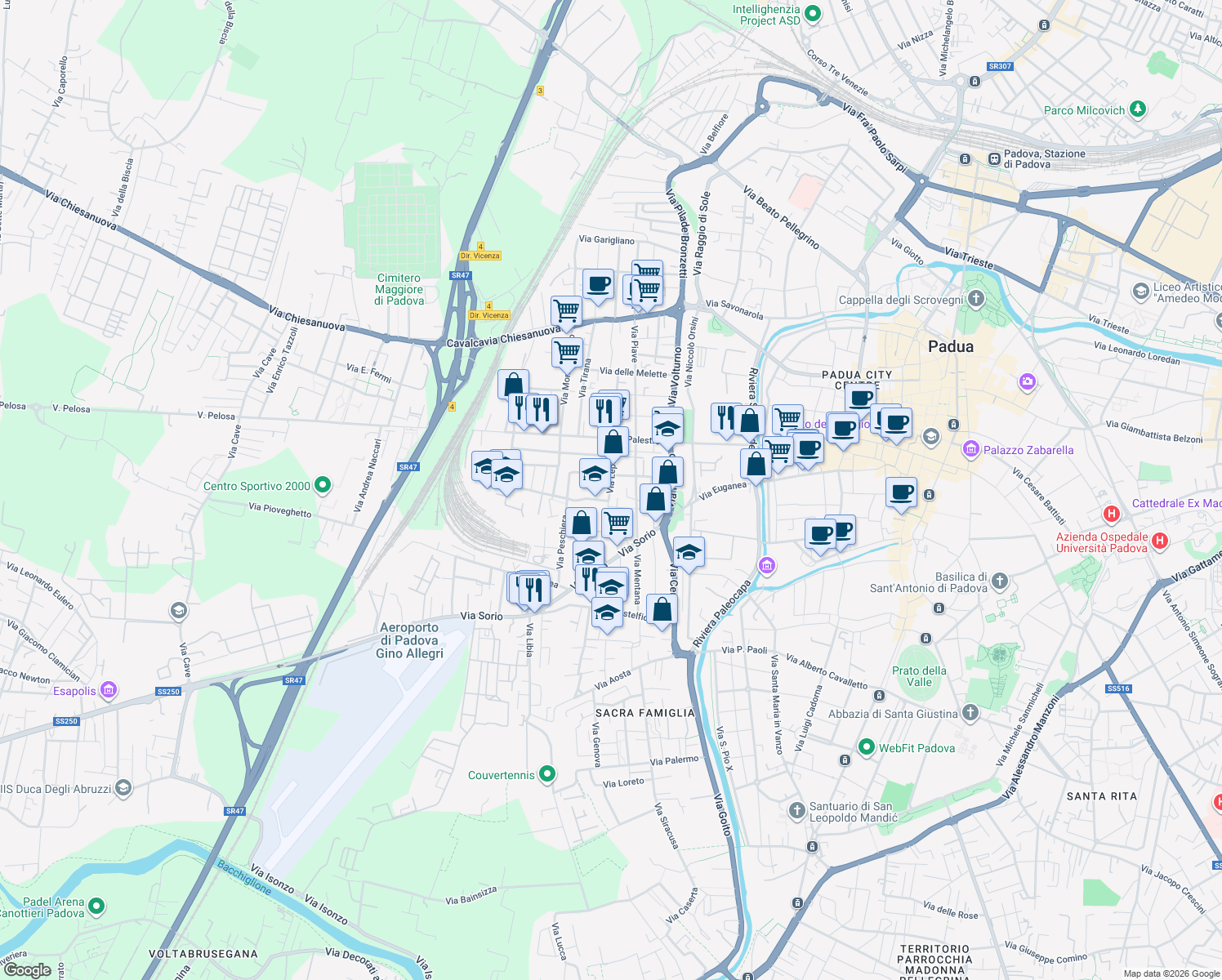 map of restaurants, bars, coffee shops, grocery stores, and more near Via Lepanto in Padua