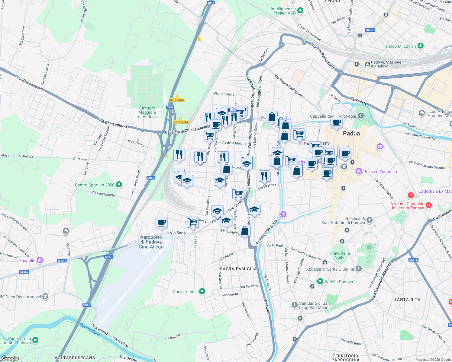 map of restaurants, bars, coffee shops, grocery stores, and more near Via Lepanto in Padua