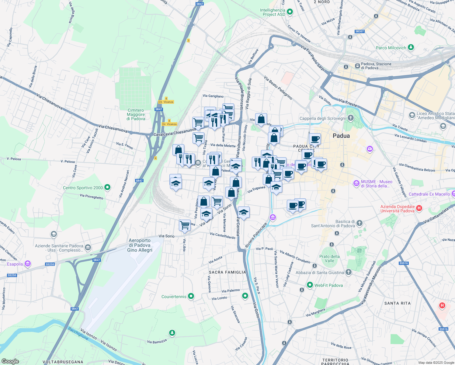 map of restaurants, bars, coffee shops, grocery stores, and more near Via Monte Sabotino in Padua