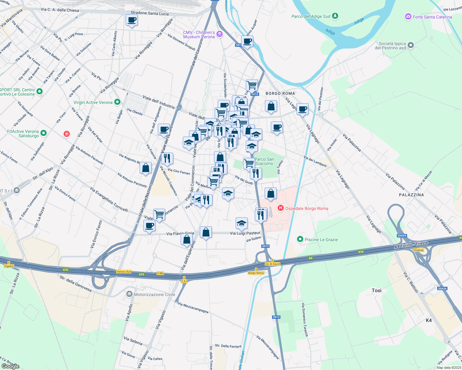 map of restaurants, bars, coffee shops, grocery stores, and more near Via Nereo Toffaletti in Verona