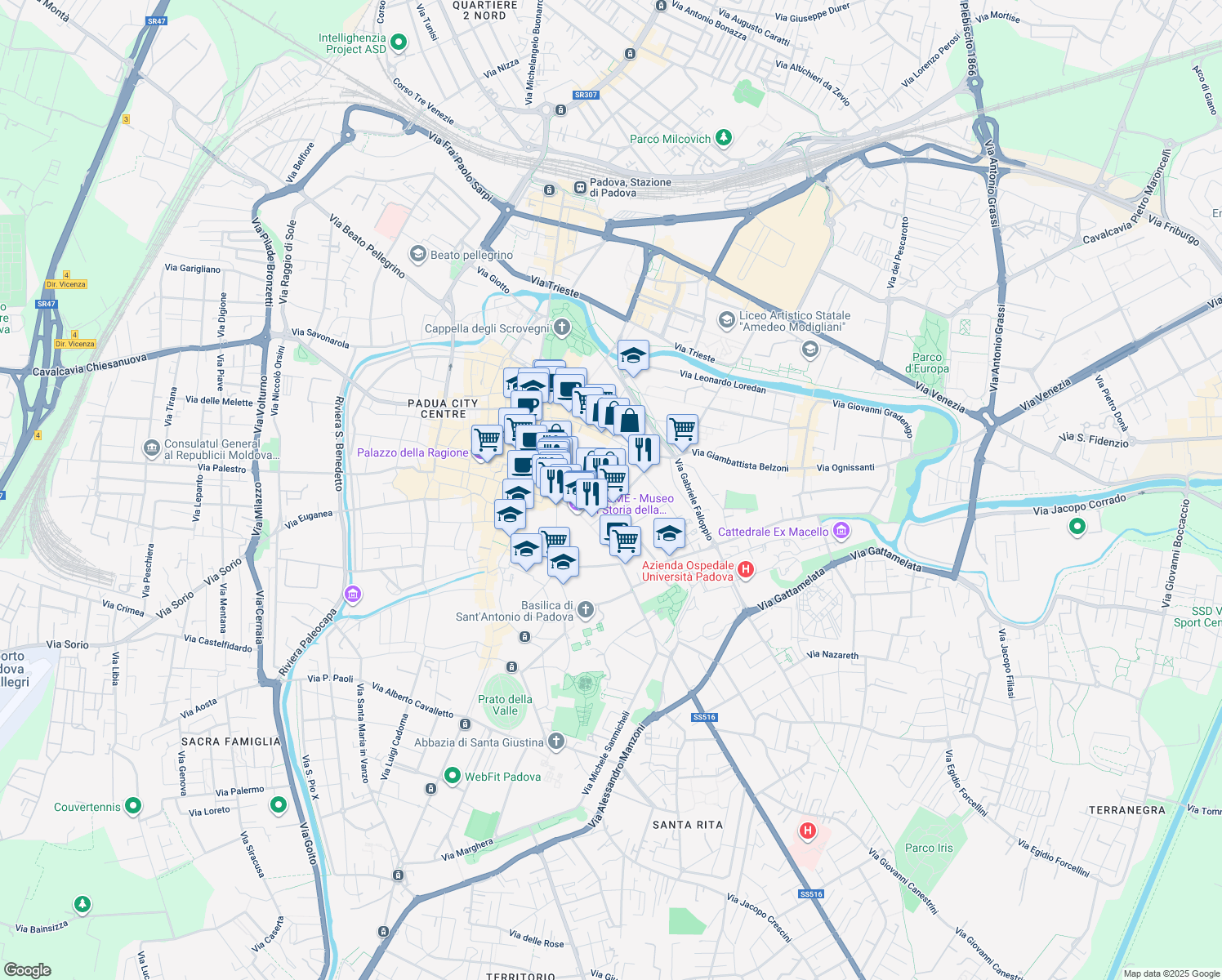 map of restaurants, bars, coffee shops, grocery stores, and more near 43 Via San Biagio in Padova