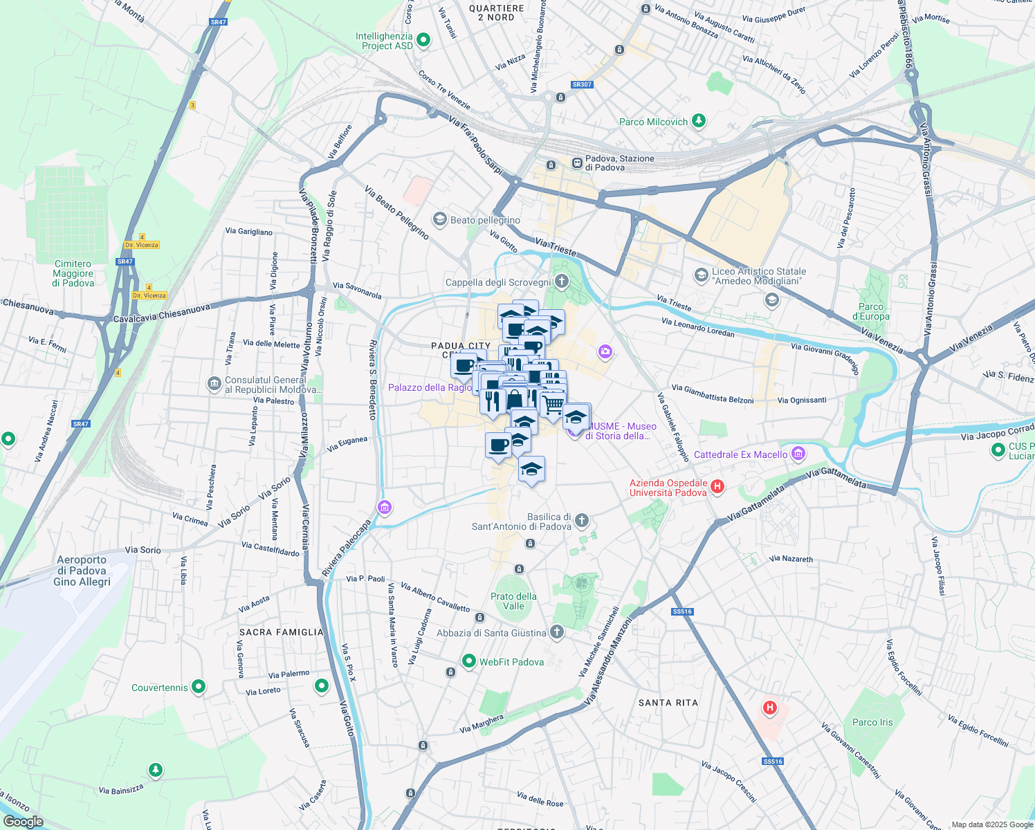 map of restaurants, bars, coffee shops, grocery stores, and more near in Padua