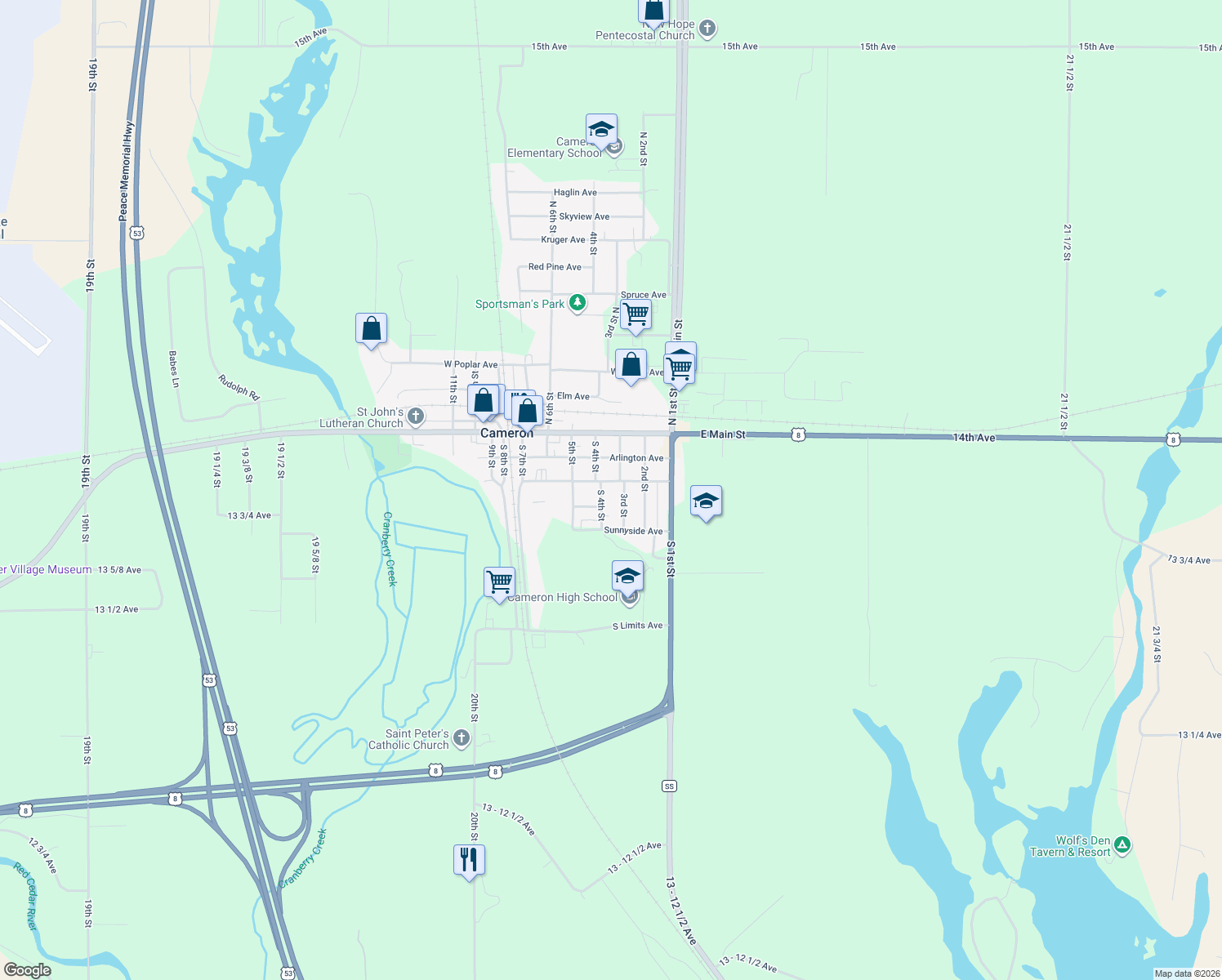 map of restaurants, bars, coffee shops, grocery stores, and more near 304 Wisconsin Avenue in Cameron