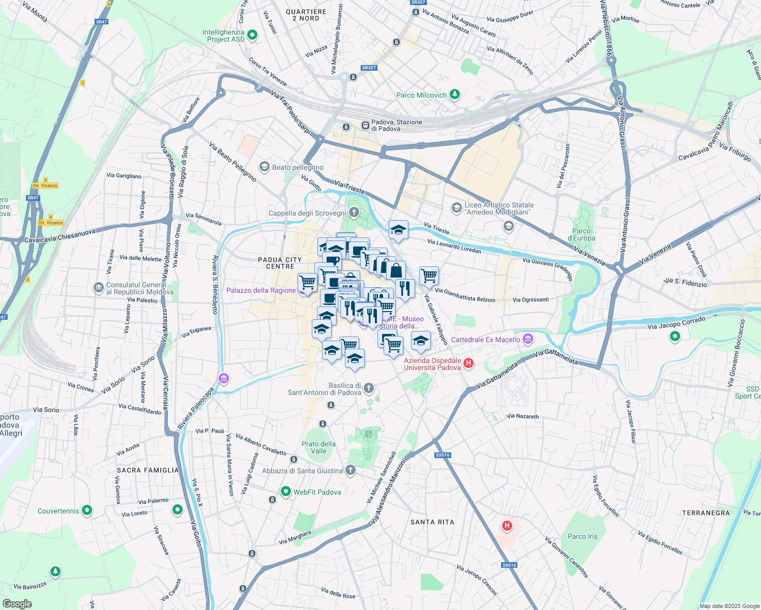 map of restaurants, bars, coffee shops, grocery stores, and more near 43 Via San Biagio in Padova