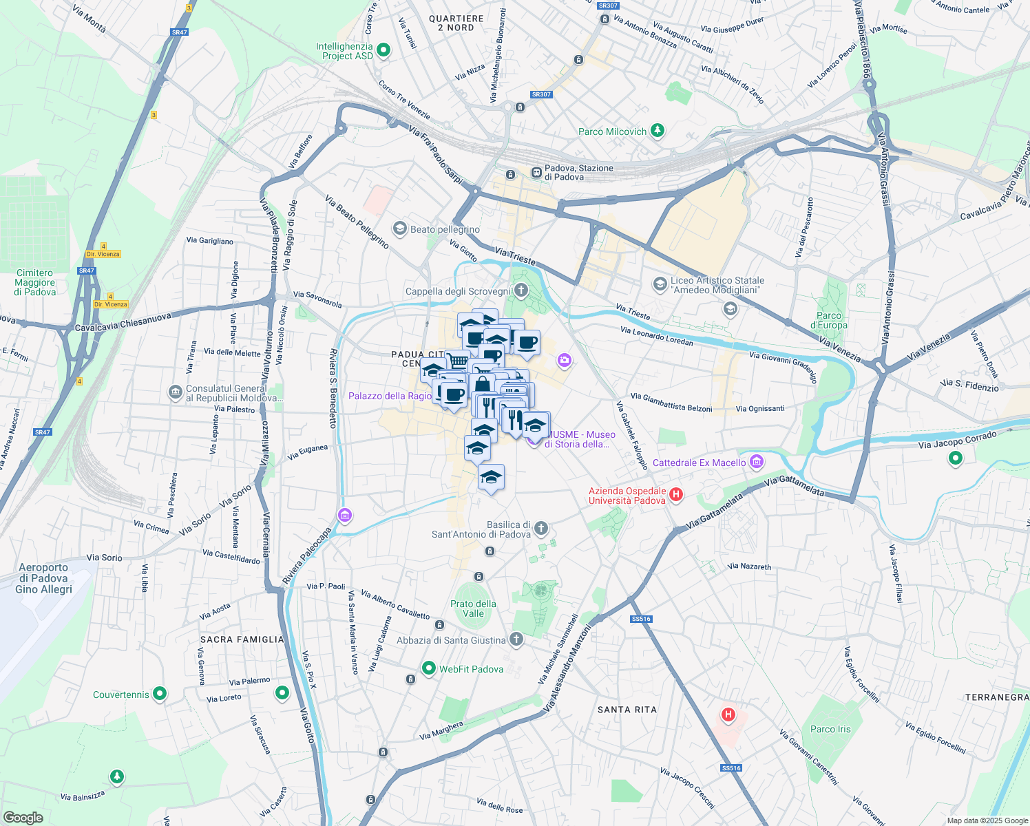 map of restaurants, bars, coffee shops, grocery stores, and more near in Padova