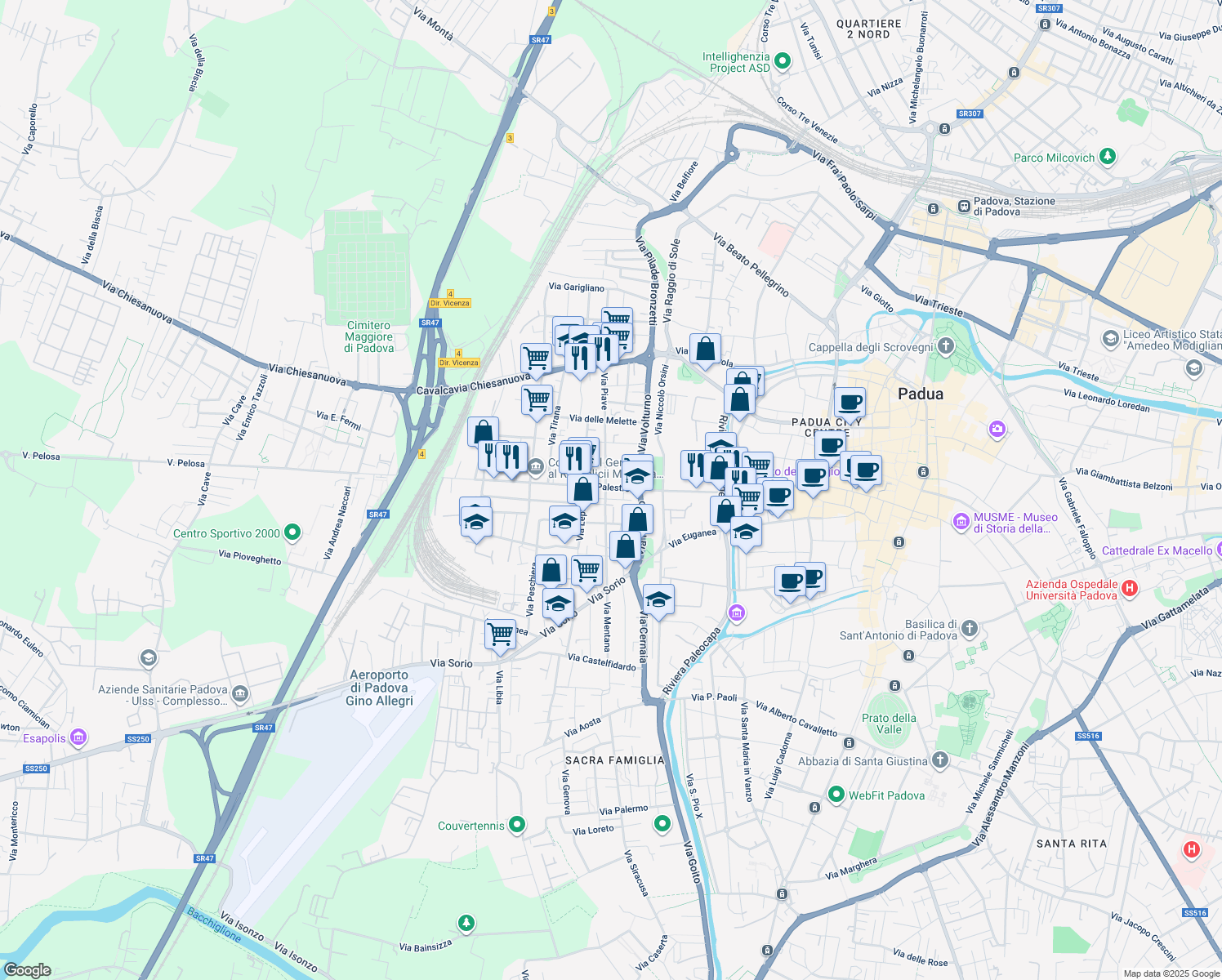 map of restaurants, bars, coffee shops, grocery stores, and more near Via Monte Sabotino in Padova