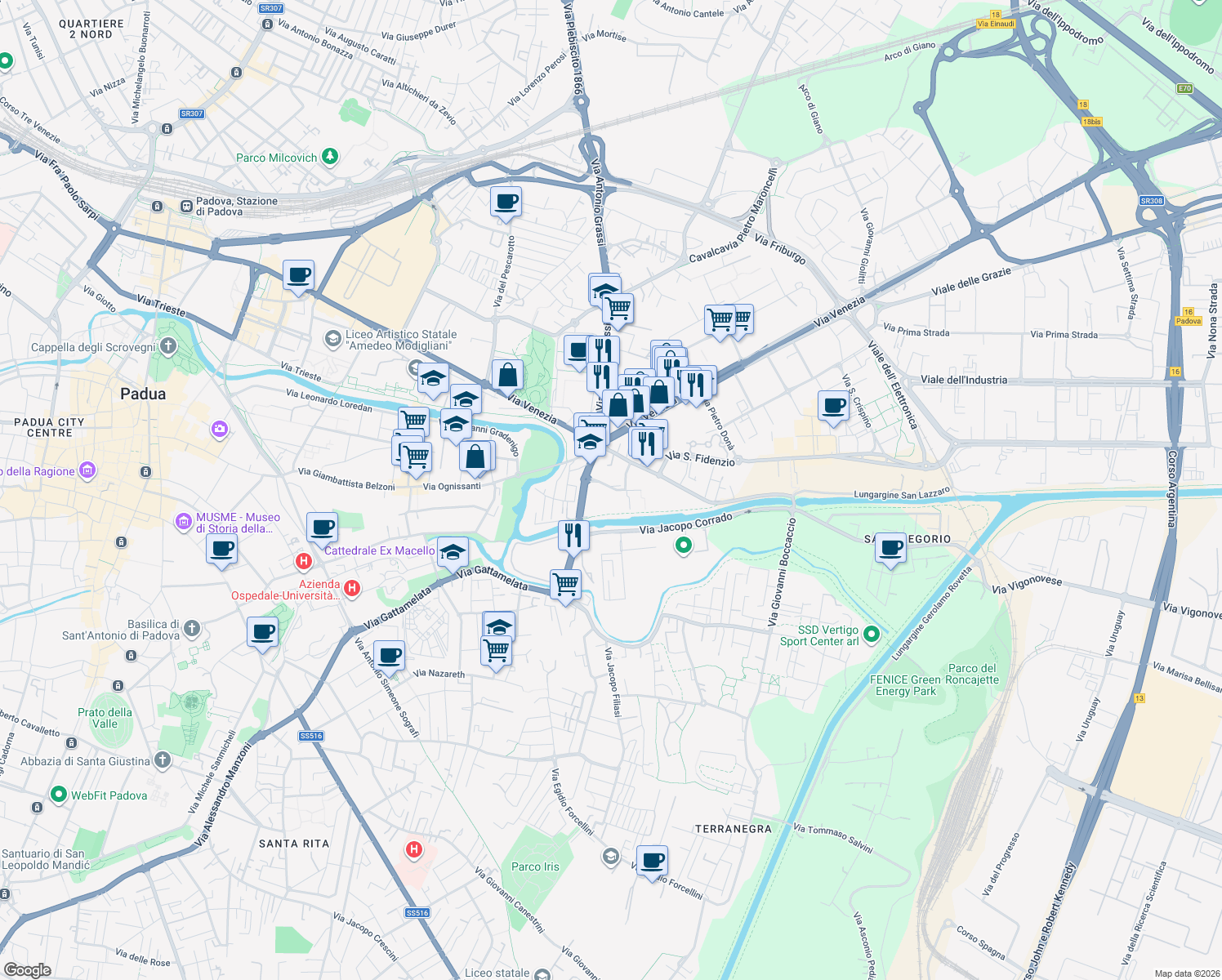 map of restaurants, bars, coffee shops, grocery stores, and more near 39 Via Luigi Pellizzo in Padova